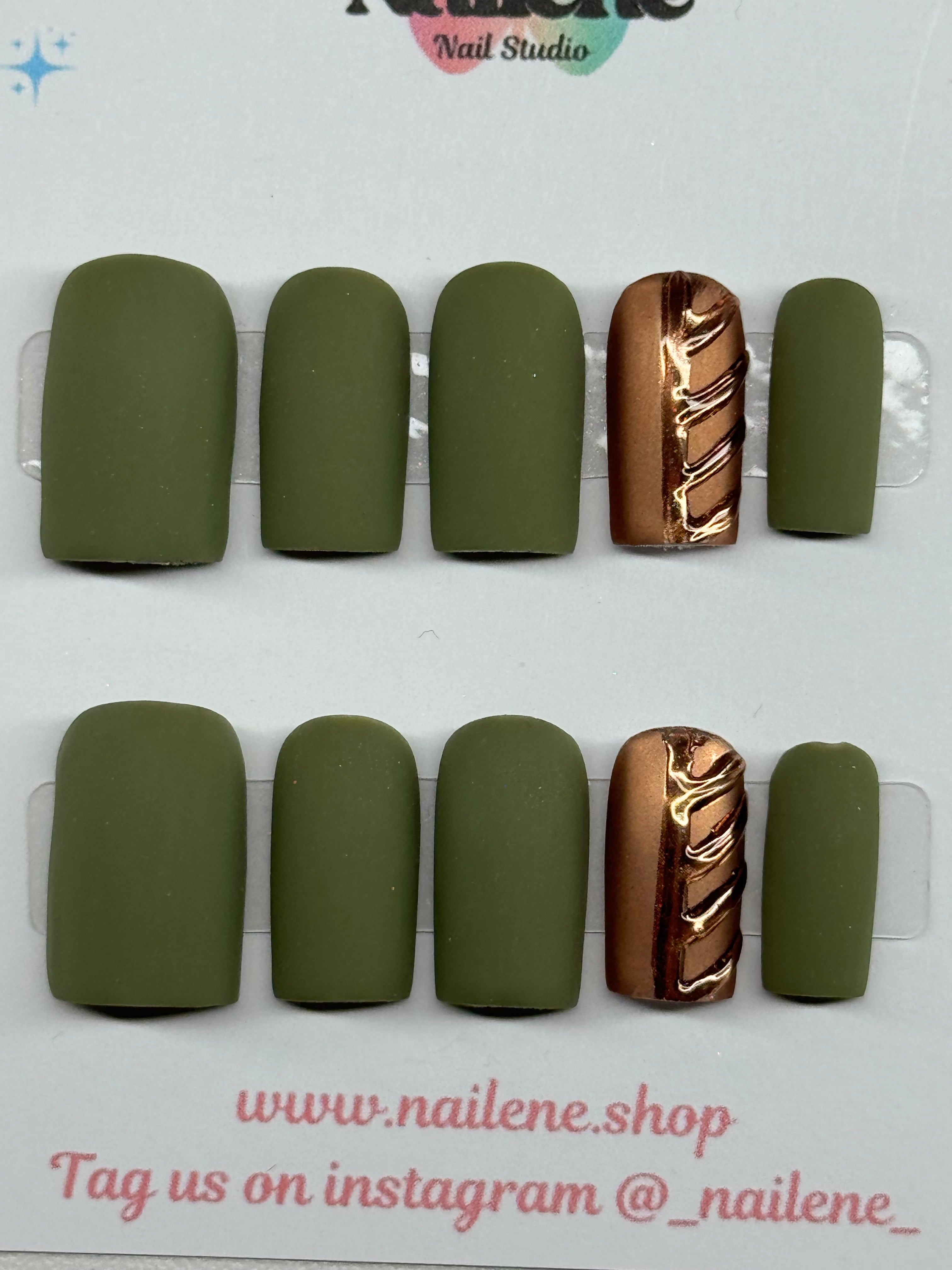 Set of green and bronze nail art samples on a white background with branding text.