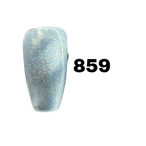 Nail polish swatch with glittery finish and number 859 on a white background