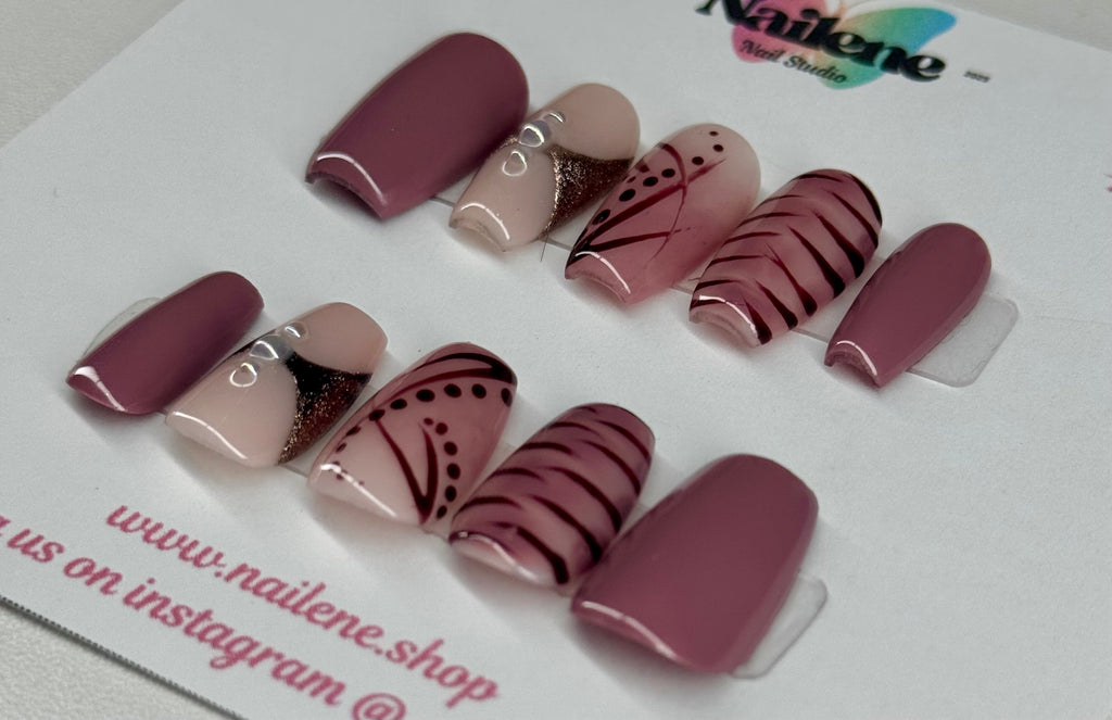 Set of maroon and beige nail art designs on a white background with 'Nailene' branding.
