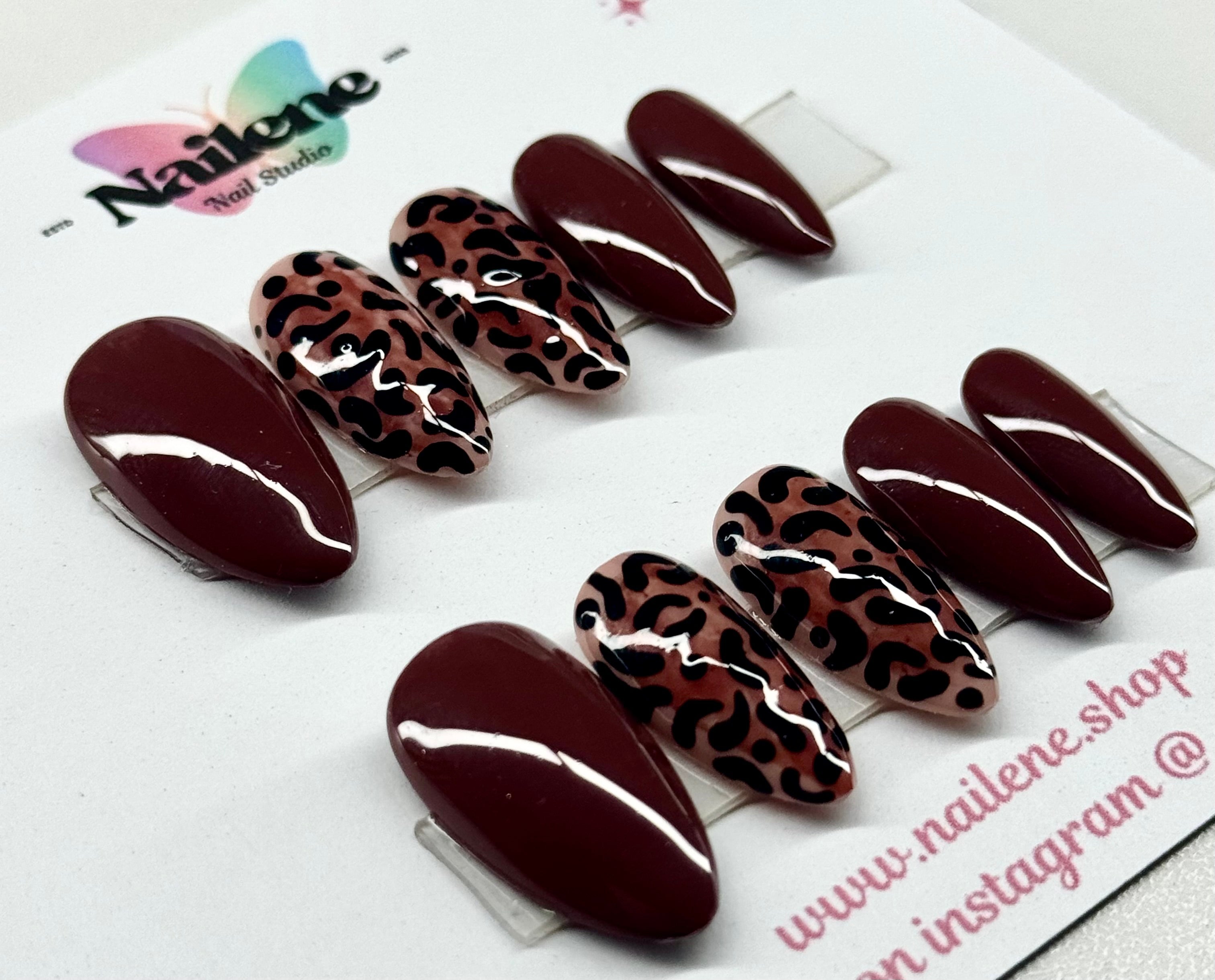 Set of brown and leopard print press-on nails on a white background with Nailene branding.