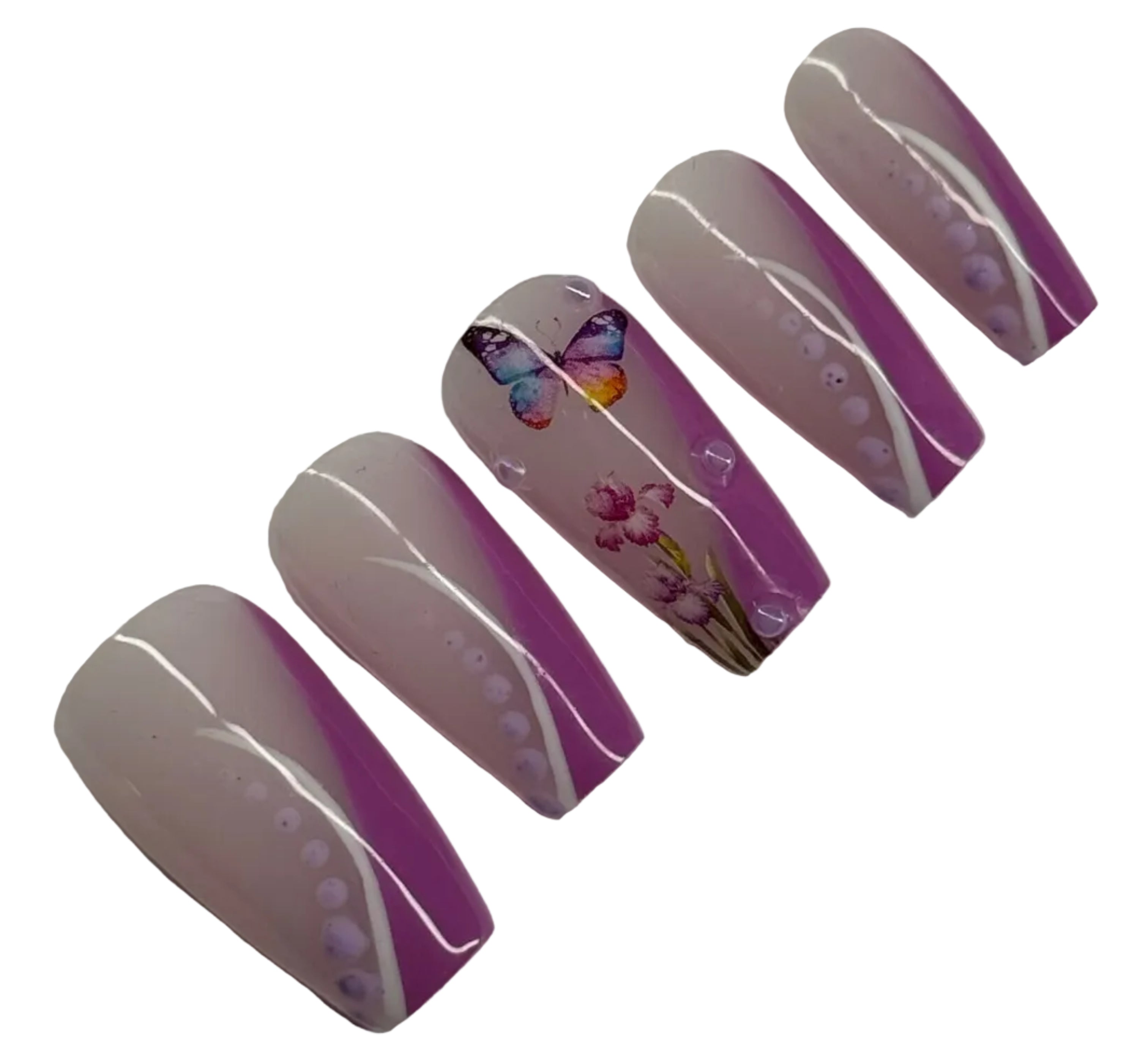 Set of artificial nails with purple accents on a white background