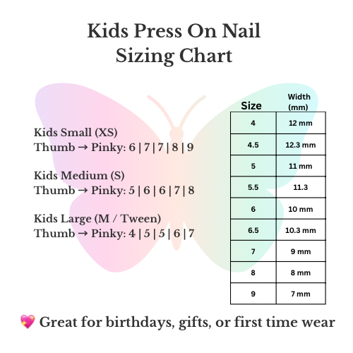 Nail sizing chart for kids press-on nails with a butterfly graphic on a white background.