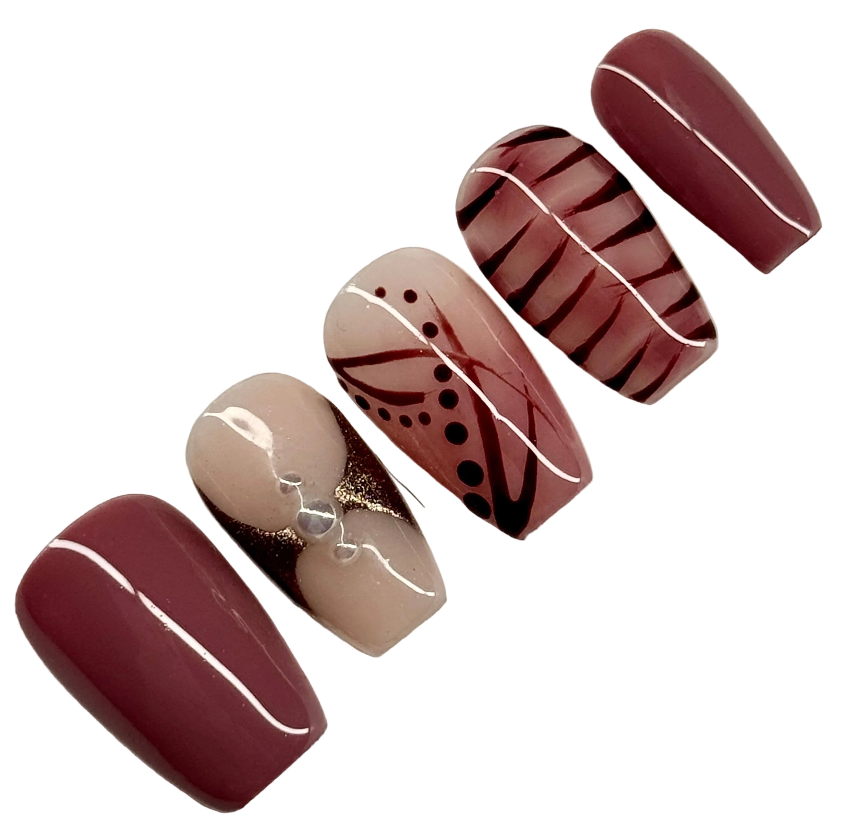 Set of nail art designs on a light gray background