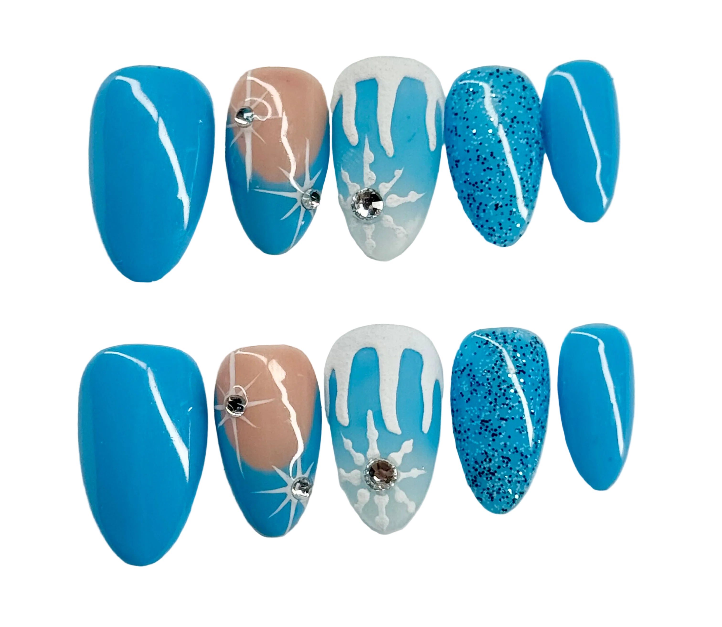 Set of blue and beige nail designs with decorative elements on a white background