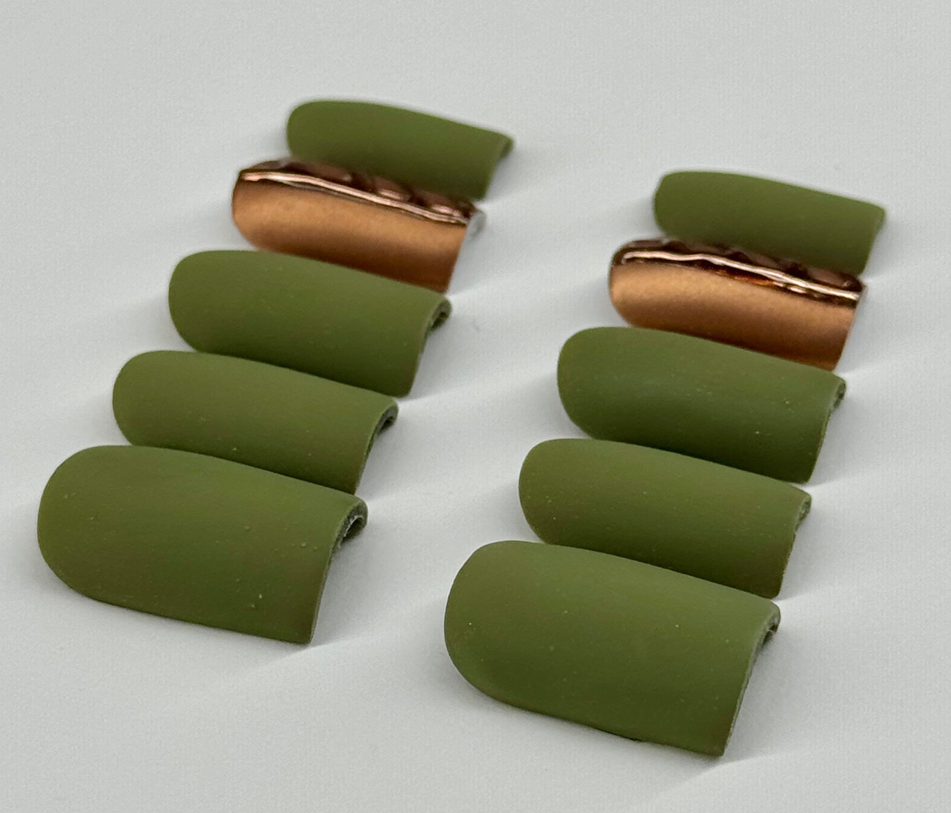 Army green nails with one gold abstract nail