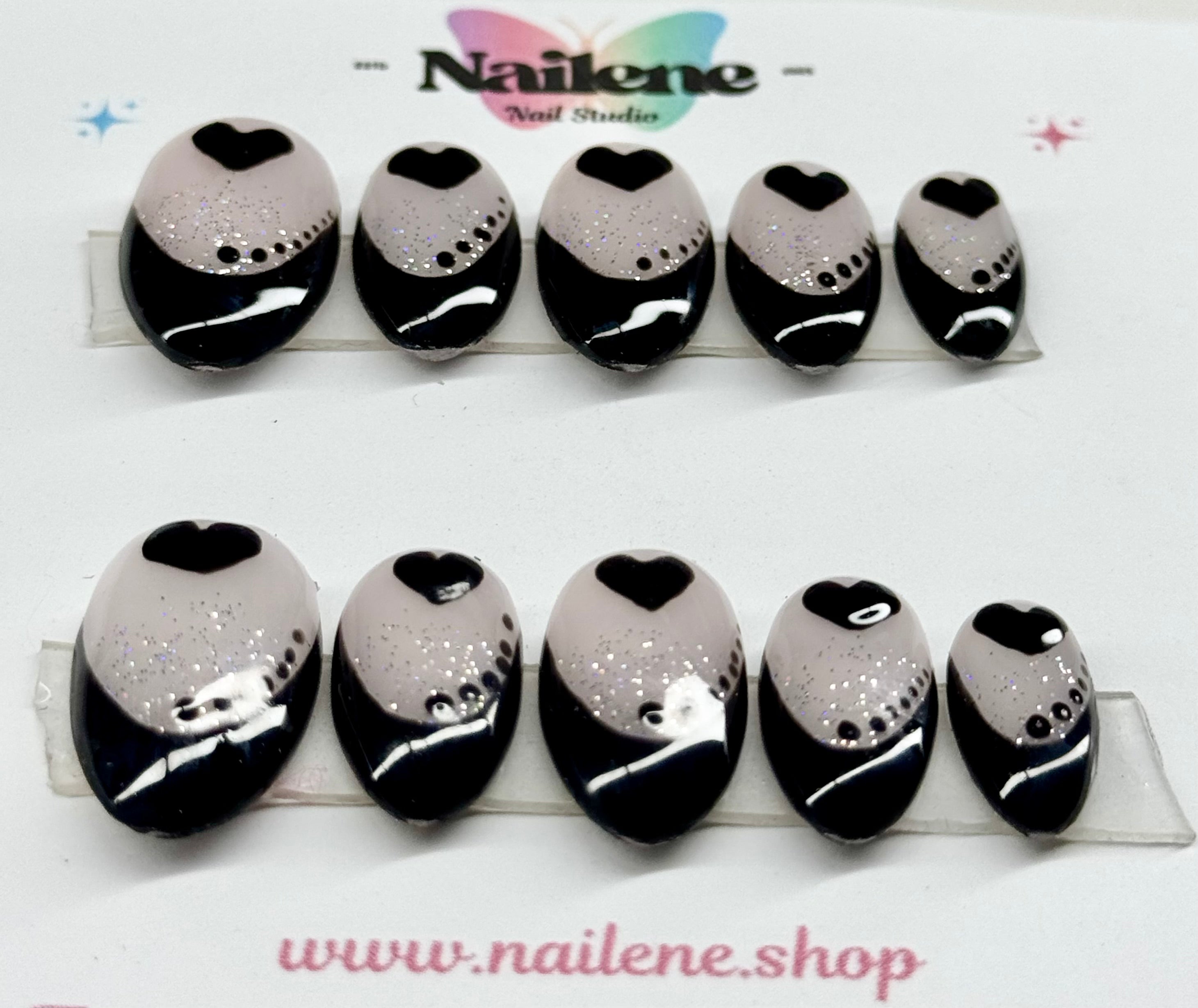 Black and white nail art designs on a white background with 'Nailene' branding.