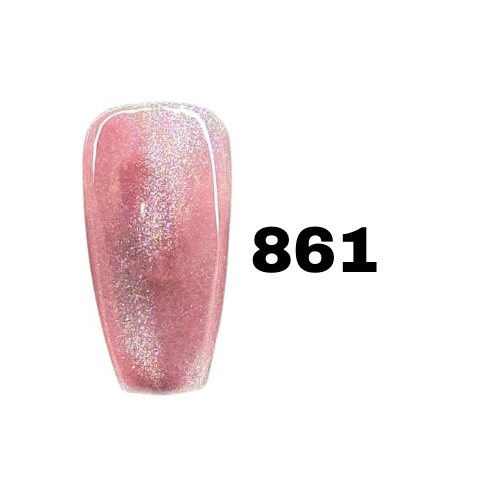 Nail polish with glittery pink color and number 861 on a white background