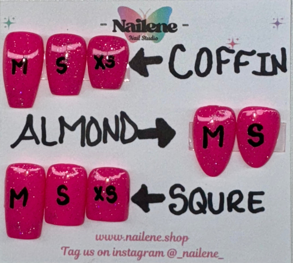 Display of pink glittery false nails with size and shape labels on a white background.