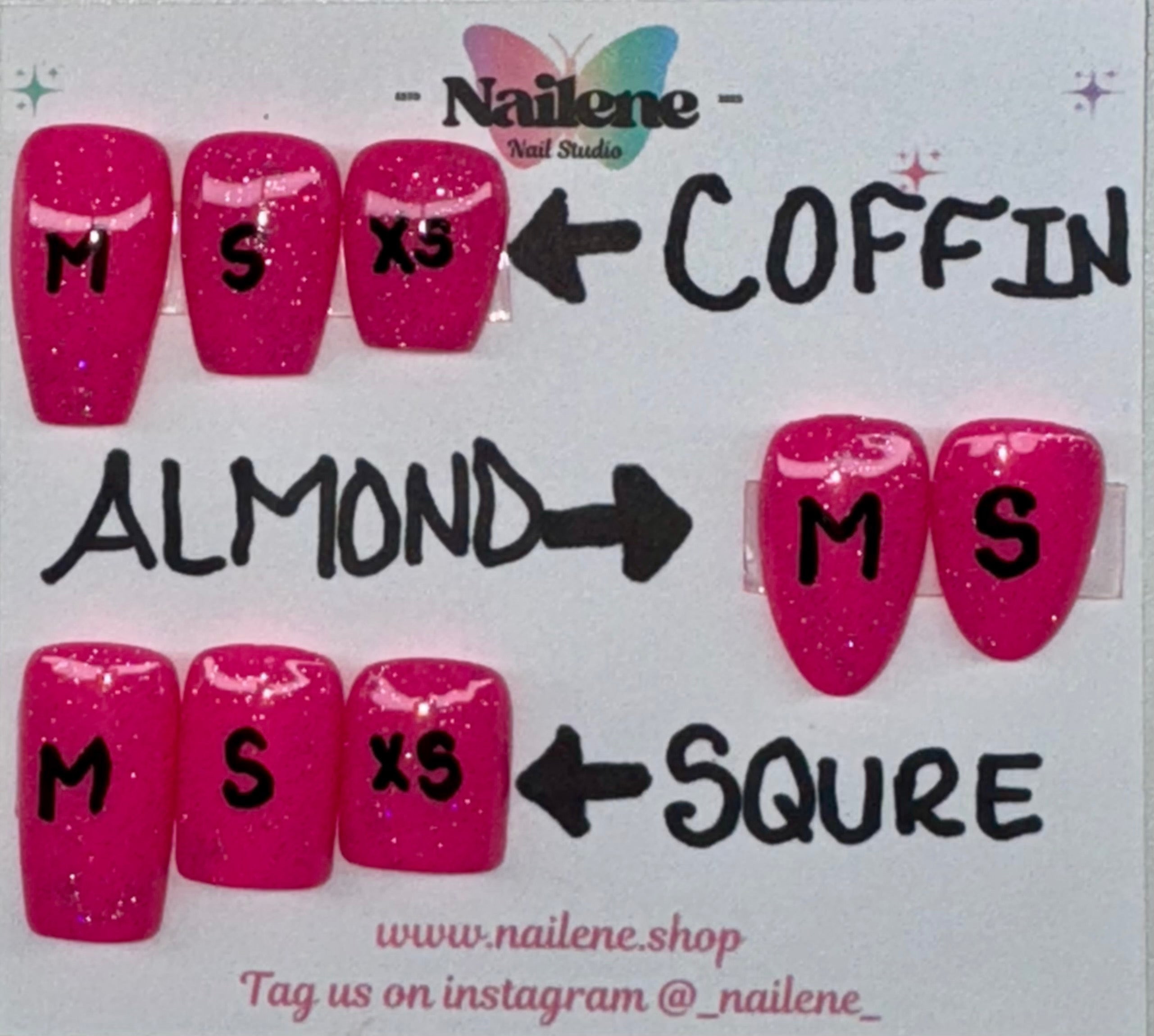 Display of pink glittery false nails with size and shape labels on a white background.