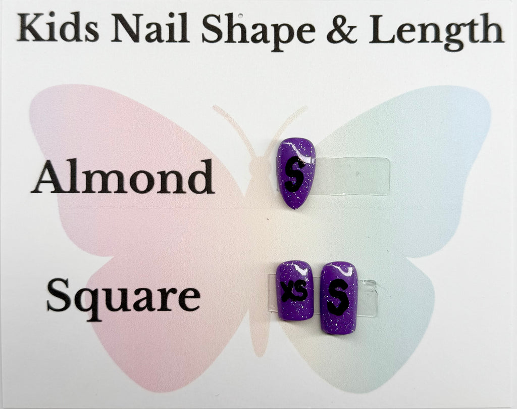 Butterfly-shaped display card with purple nail clips labeled 'Almond' and 'Square'.