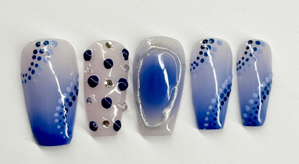 Set of five nail art designs with blue and white gradient on a white background