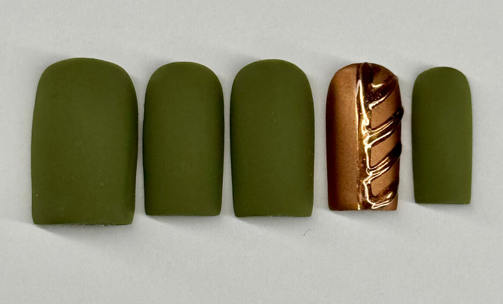 Set of green nail polish colors with a gold accent on a white background