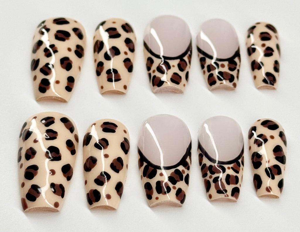 Set of leopard print and plain beige nail designs on a white background