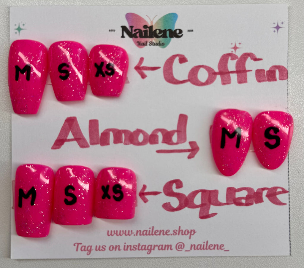 Display card with pink nail tips labeled 'Almond', 'Coffin', and 'Square' by Nailene.