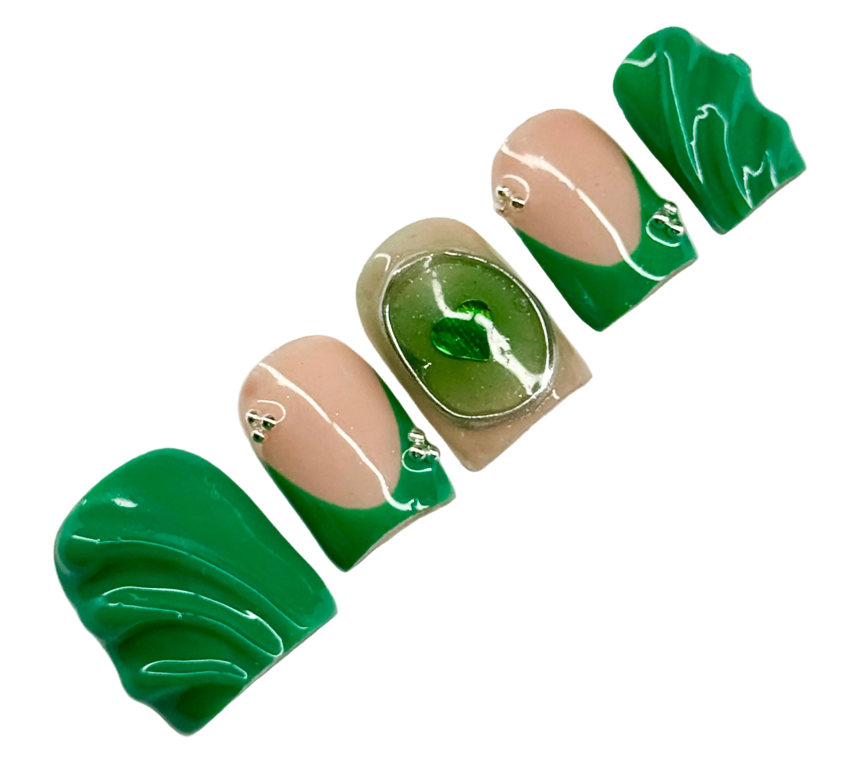 Set of green and beige nail art designs on a white background