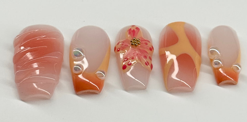 Set of six nail art designs on a white background