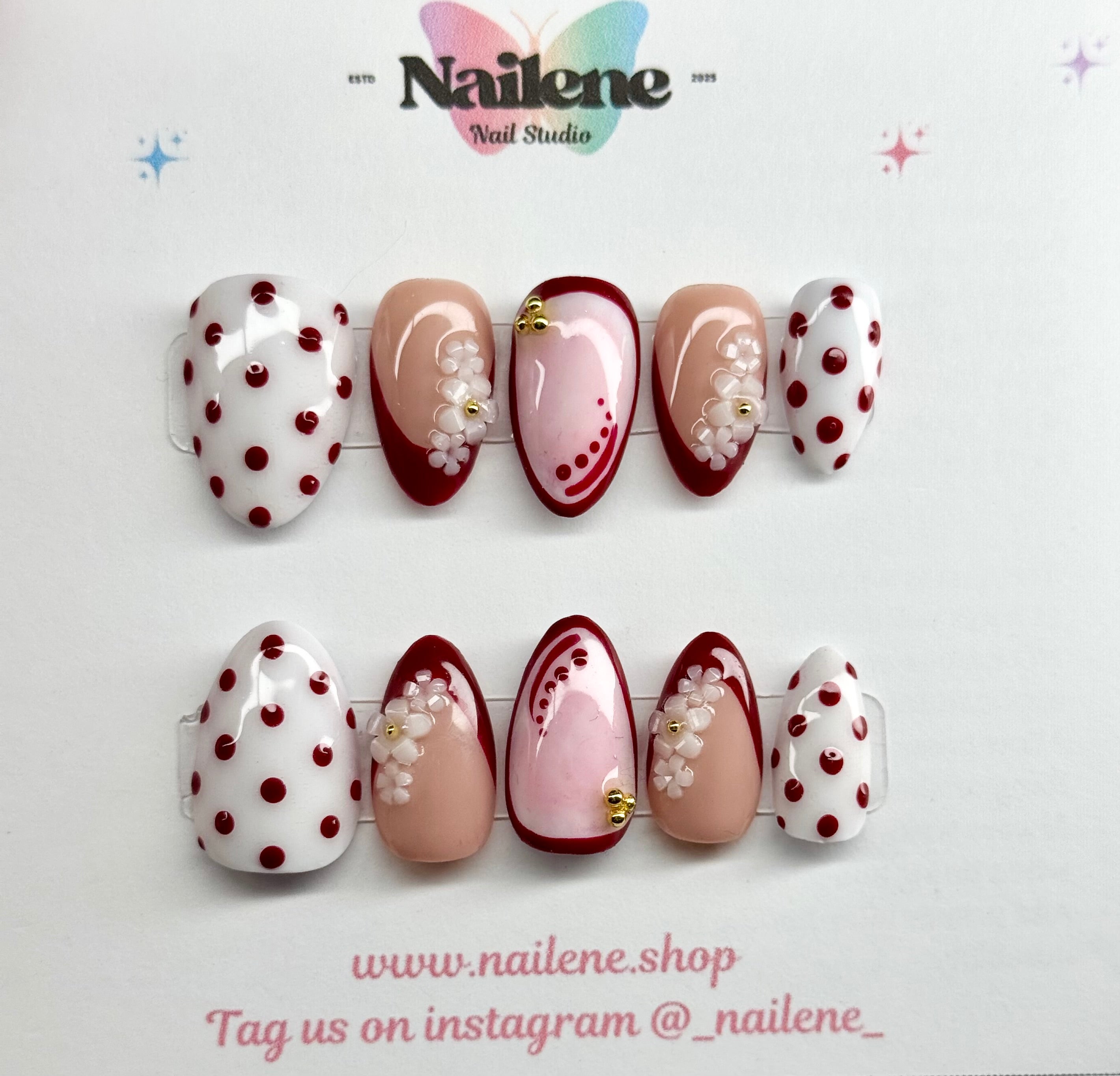 Set of nail art designs with polka dots and floral patterns on a white background, featuring the Nailene brand.