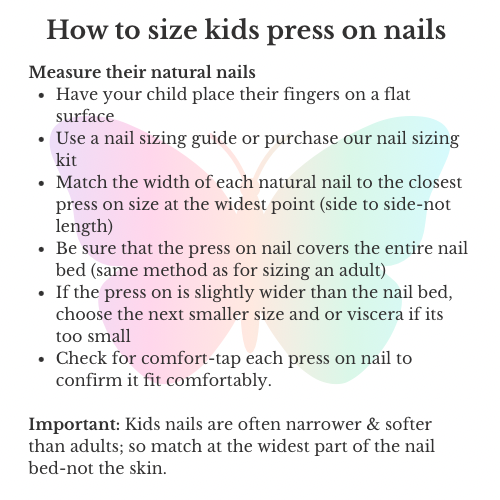 Instructions on how to size press-on nails for children with text and a nail sizing guide illustration.