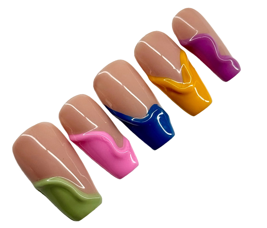 Set of colorful nail art designs on a white background