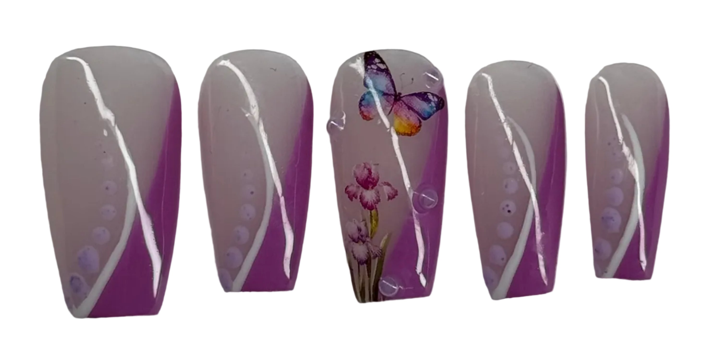 Set of purple and white nail art designs on a gray background