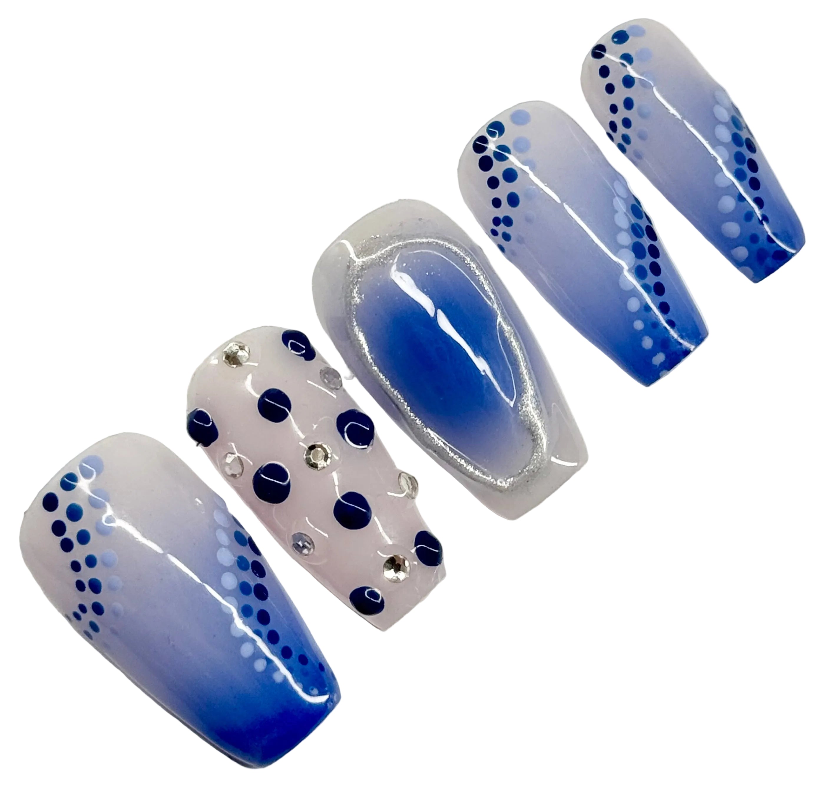 Set of blue and silver nail art designs on a white background