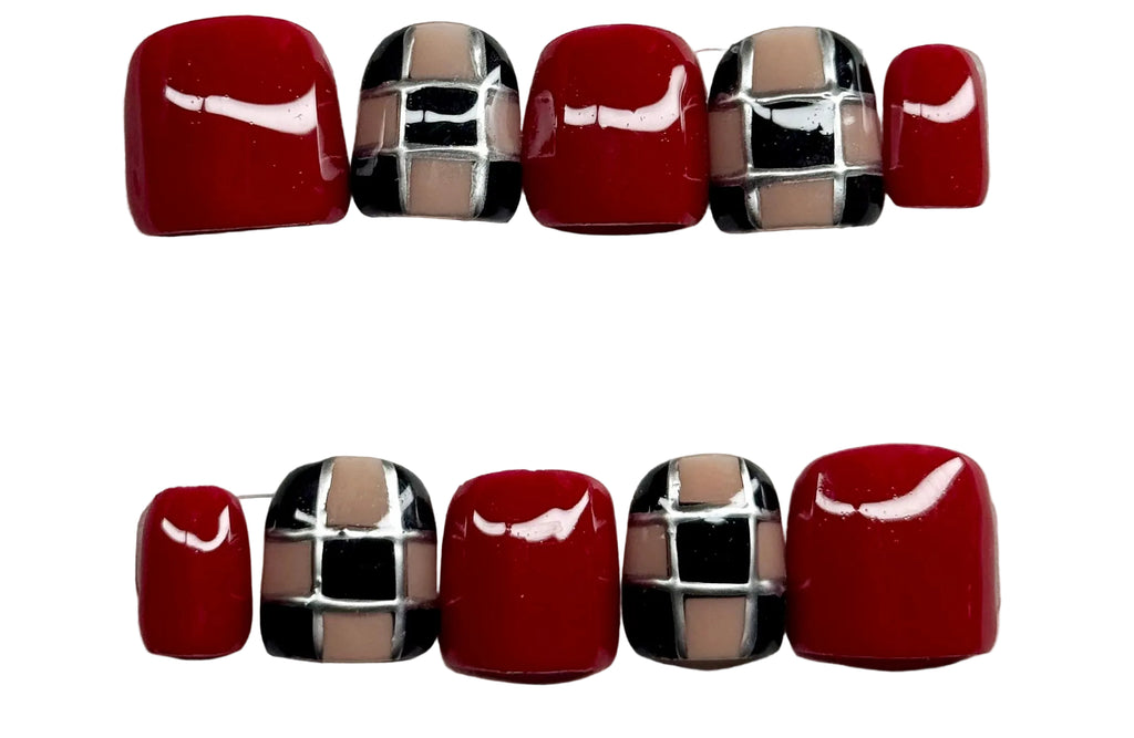 Set of red and silver checkered beads on a white background