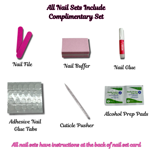 Collection of nail care items including a nail file, buffer, glue, adhesive tabs, cuticle pusher, and alcohol prep pads on a white background.