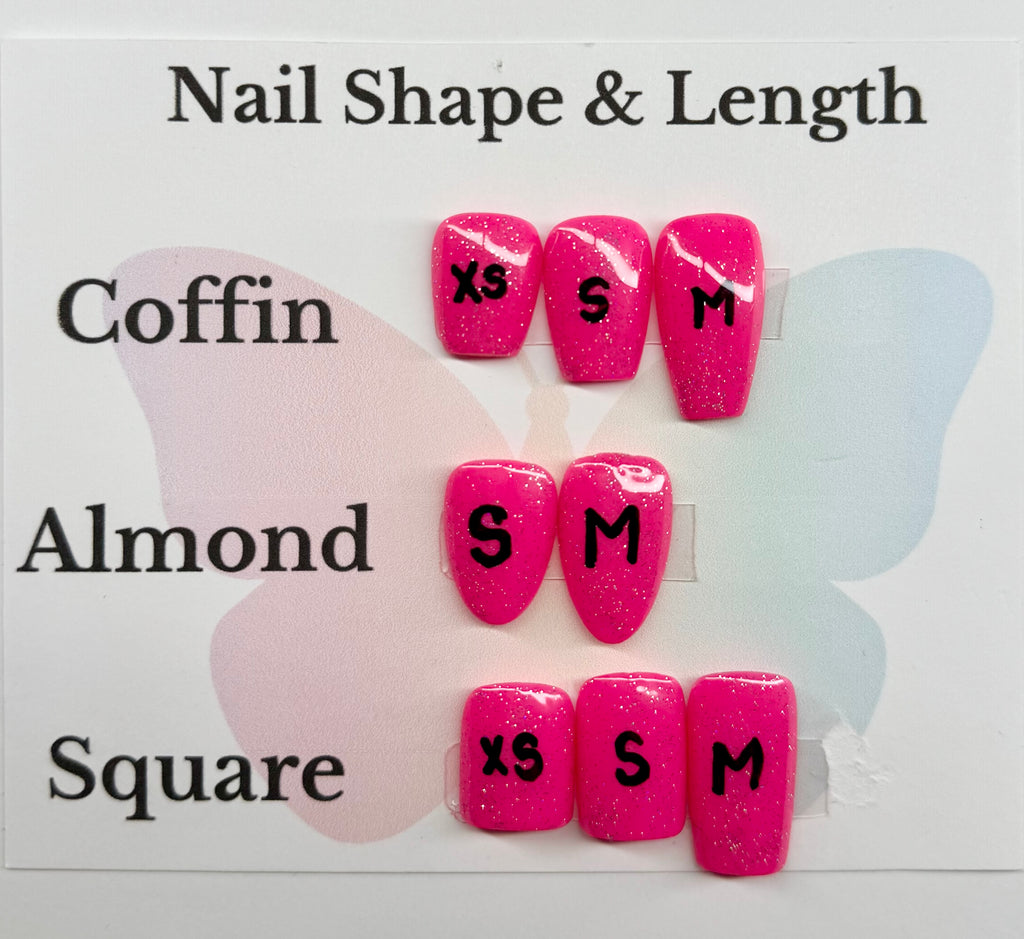 Display of pink glittery nail shapes and sizes on a white background with text labels.