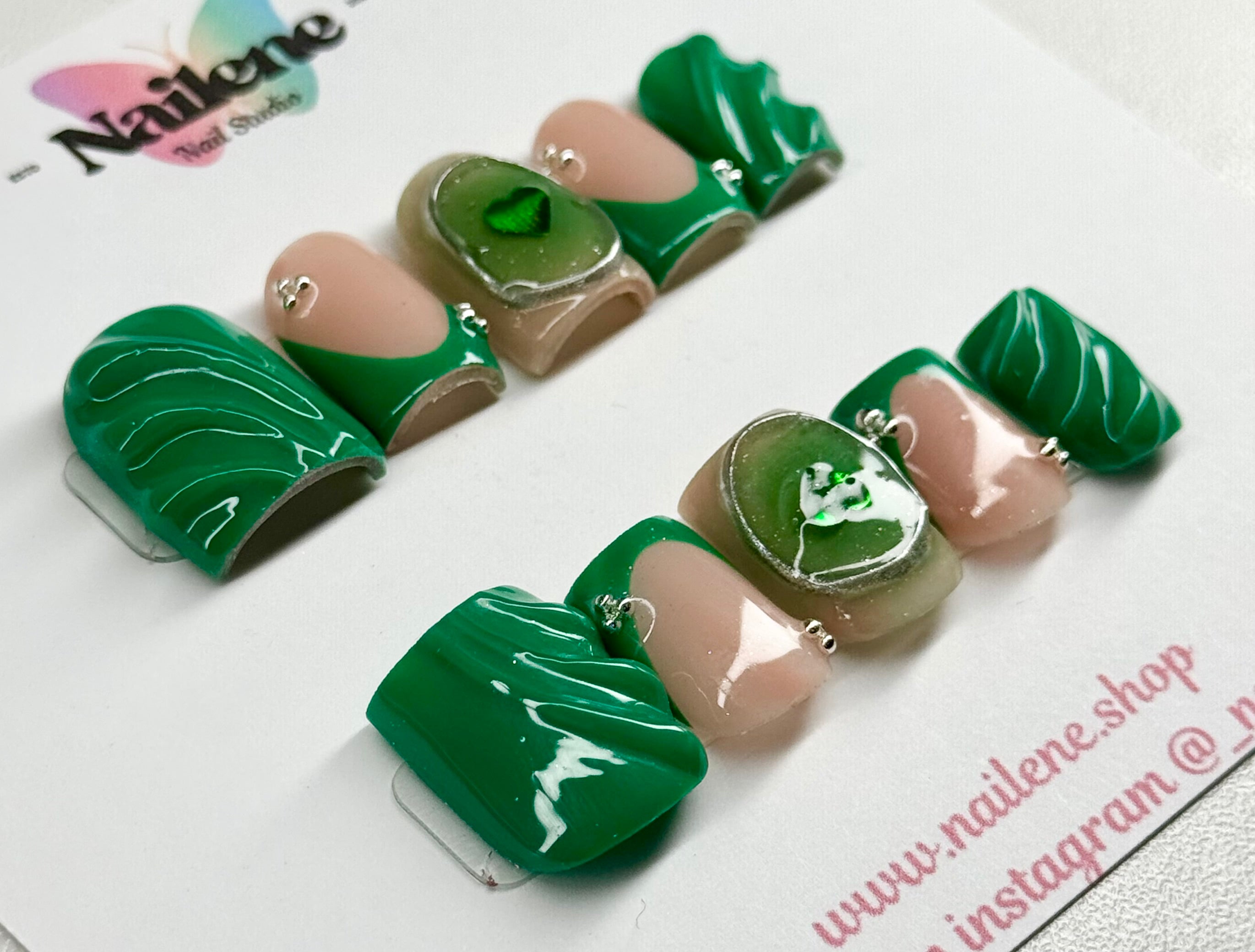Set of green and beige nail art designs on a white background with 'Nailene' branding.