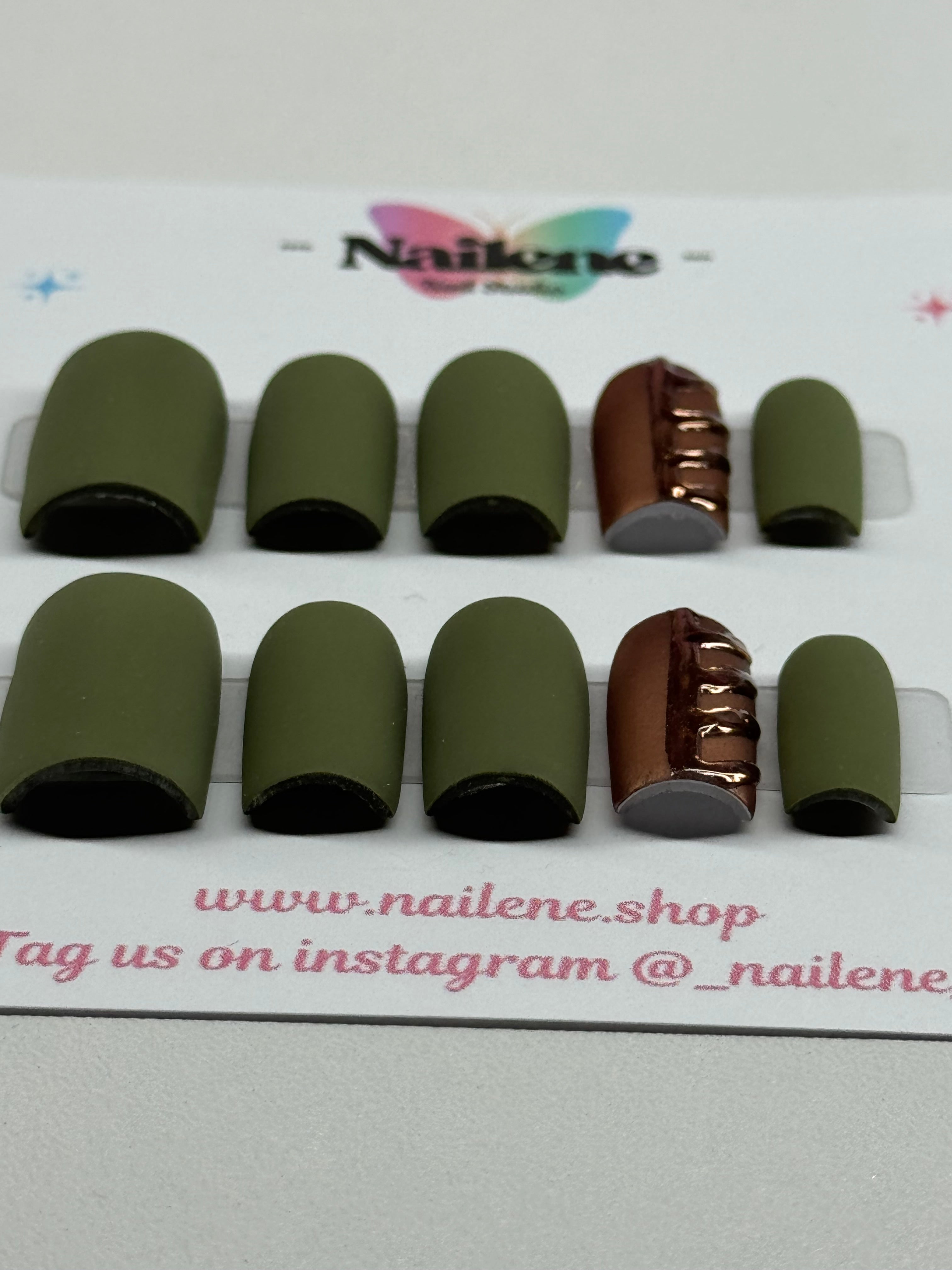 Set of green hair ties on a white background with brand name and social media information.