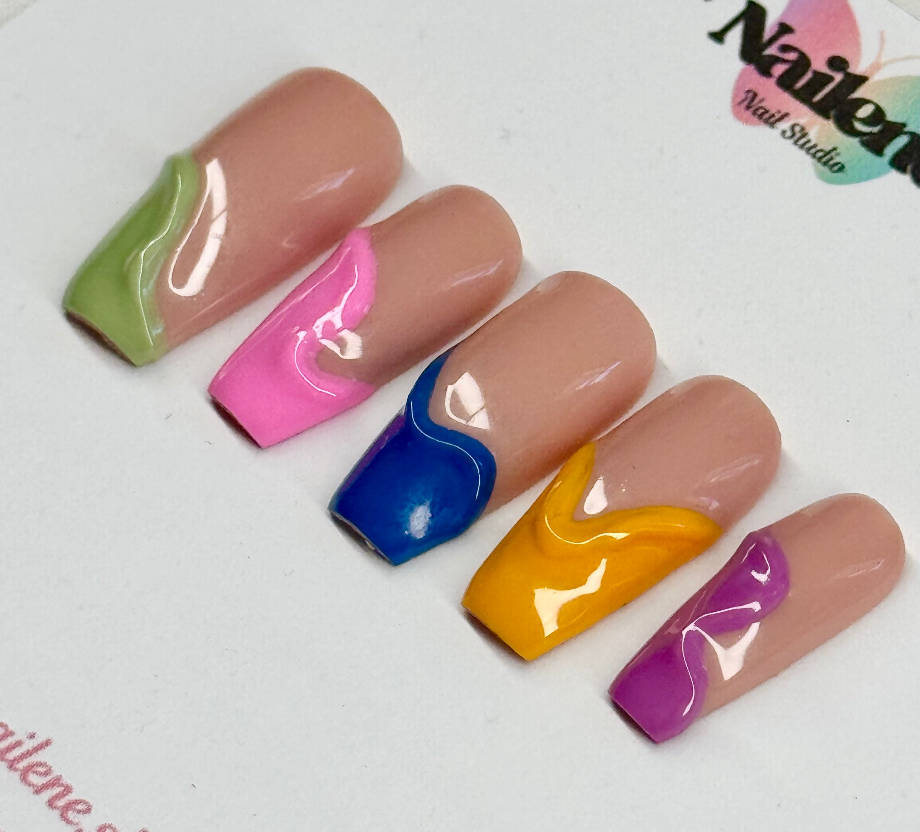 Colorful nail art design on a white background with 'Nailen' branding.