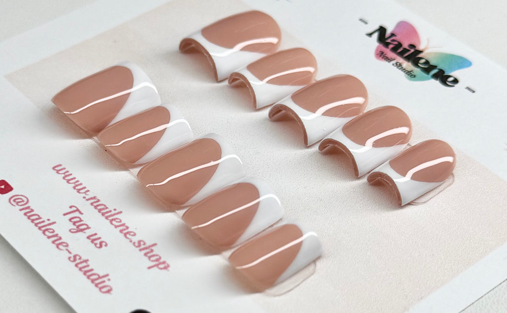 Set of beige and white nail wraps on a white background with 'Nailene' branding.