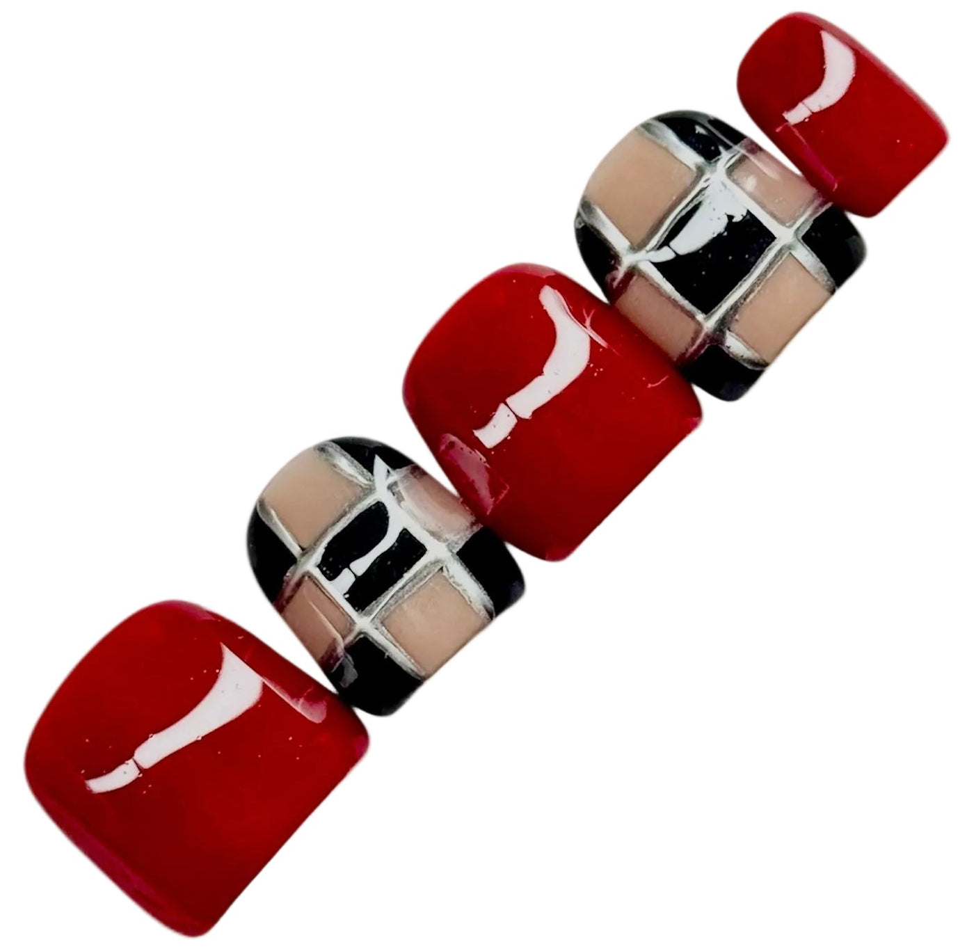 Set of red nail polish on a nude base  background