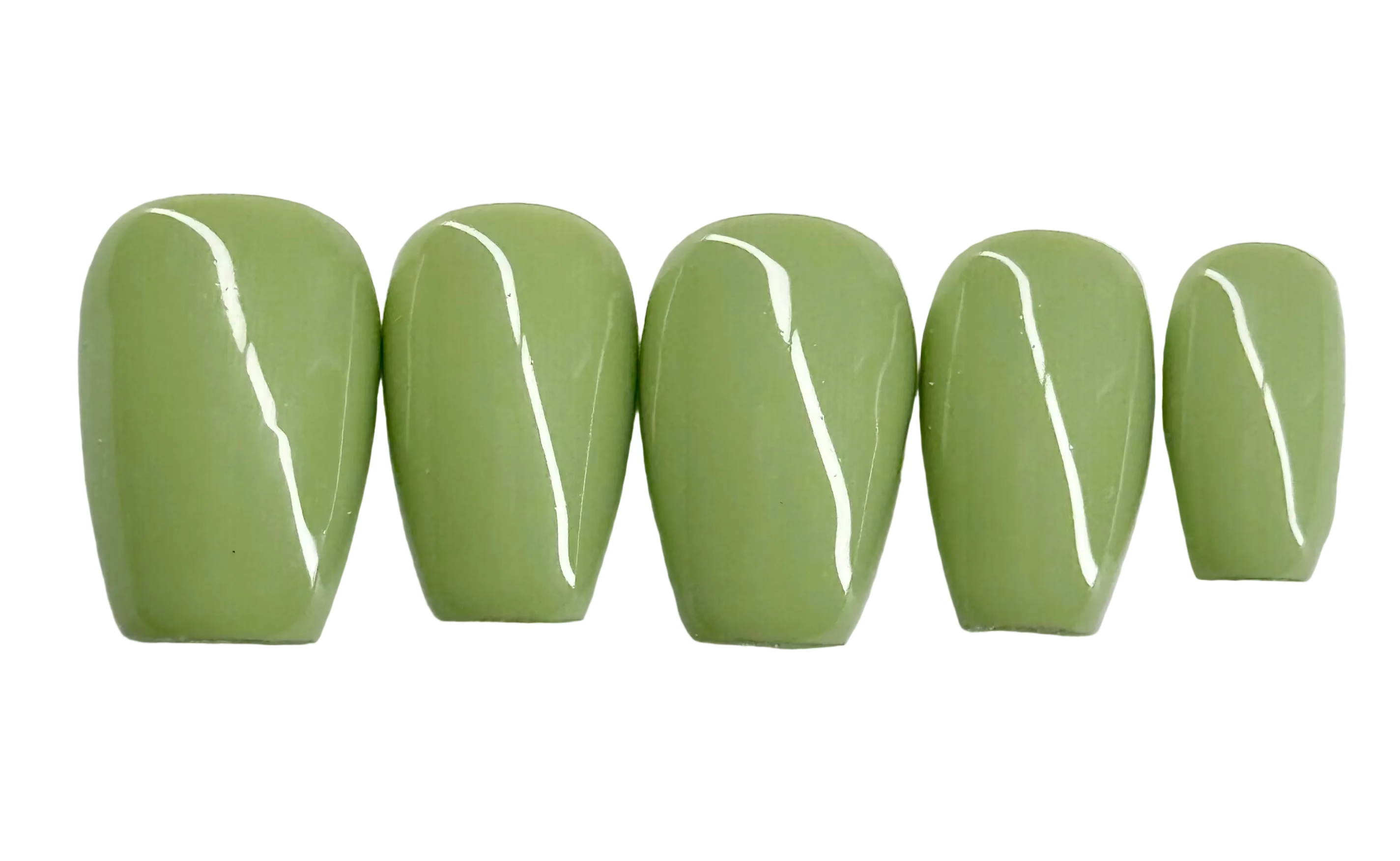 Five green nail polish samples on a white background
