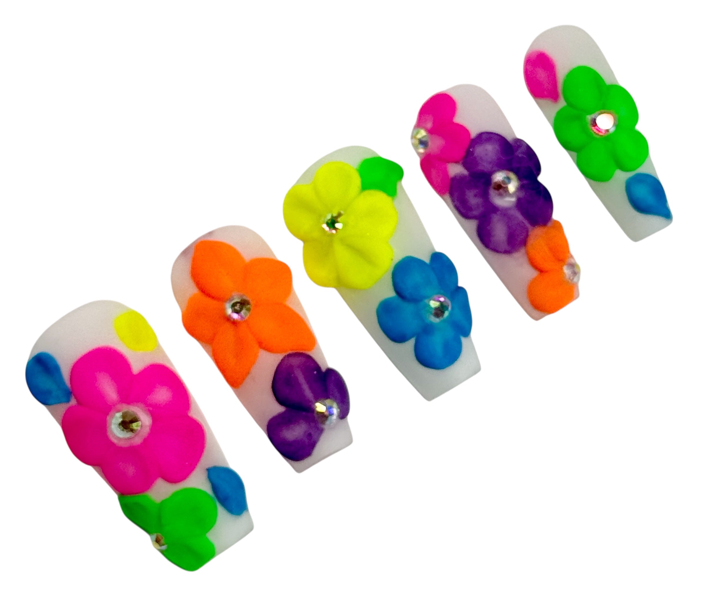 Colorful flower-shaped clips on a white background
