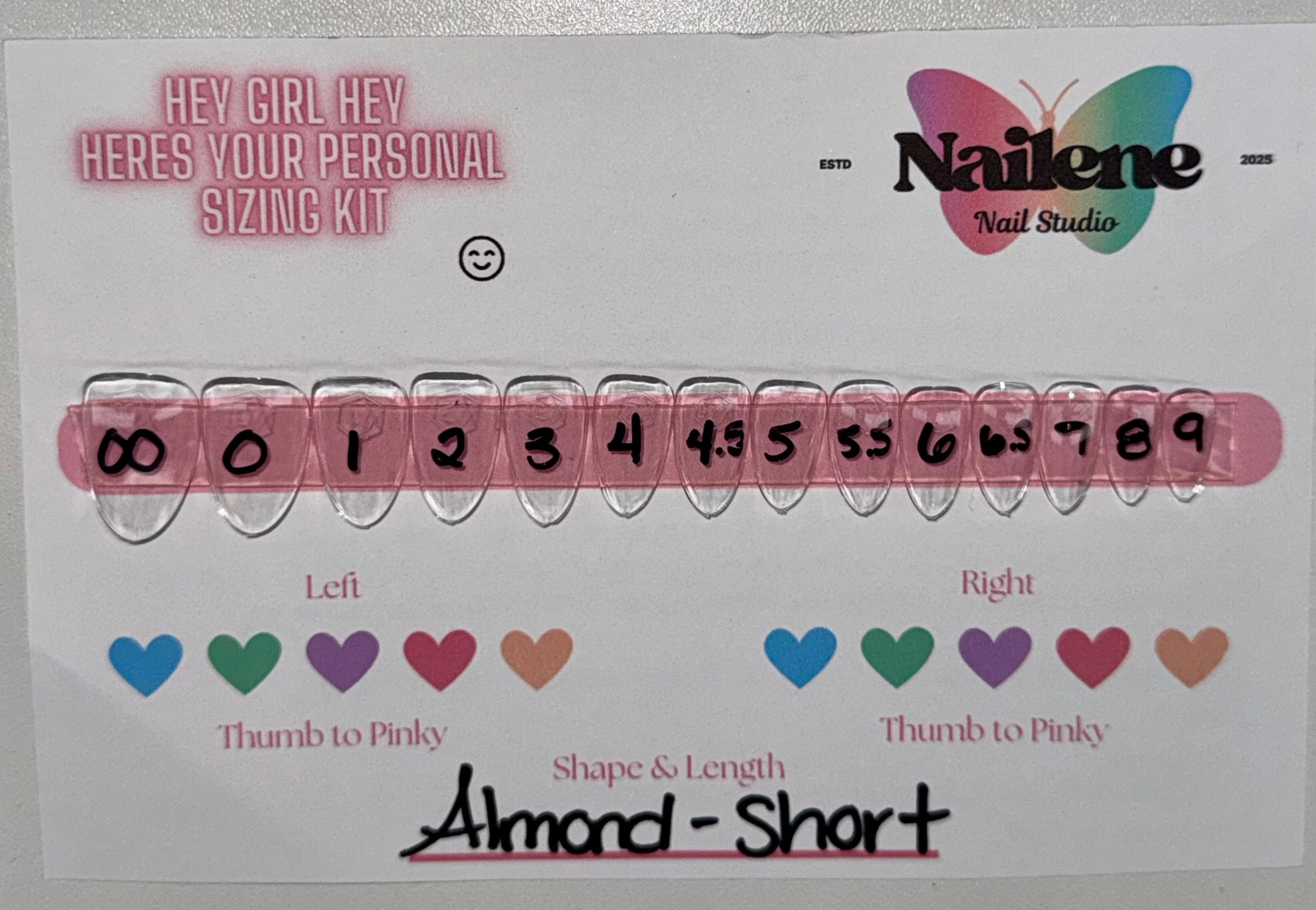 Nail size chart with heart color codes for nail extensions, branded 'Nailene'.