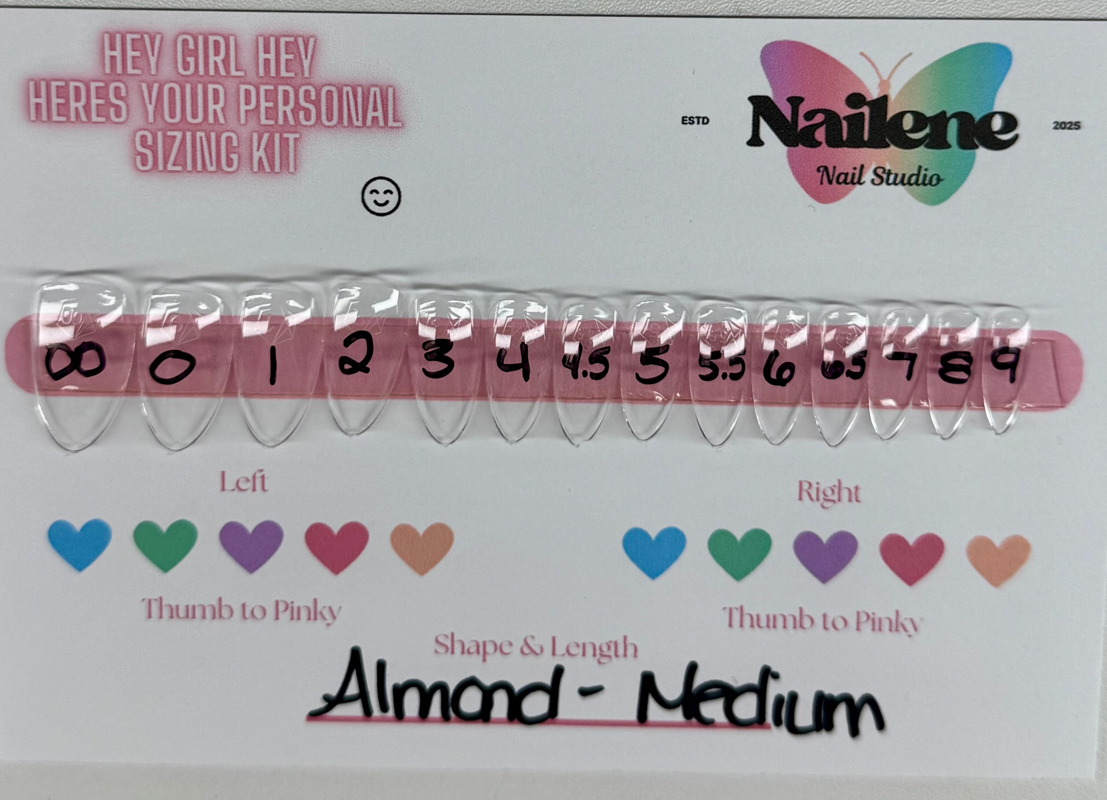 Nail extension kit with size chart and brand name 'Nailene' on a white background