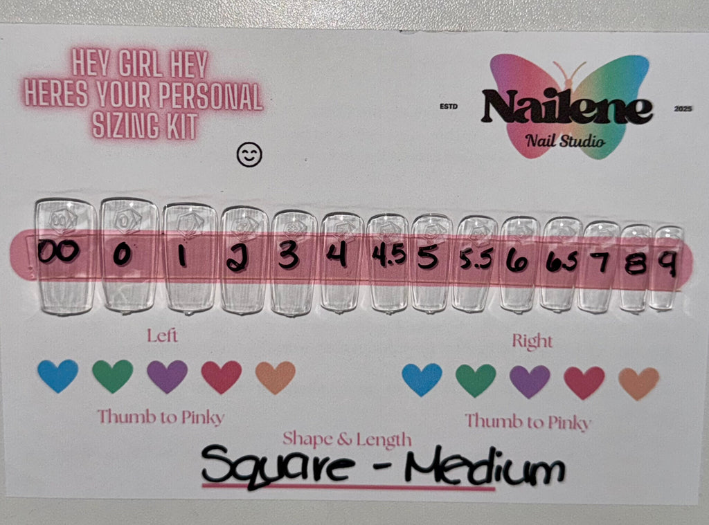 Nail size chart with measurements and color swatches for nail design, branded 'Nailene Nail Studio'.