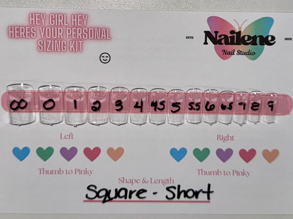 Nail size chart with heart color codes and Nailene branding on a white background