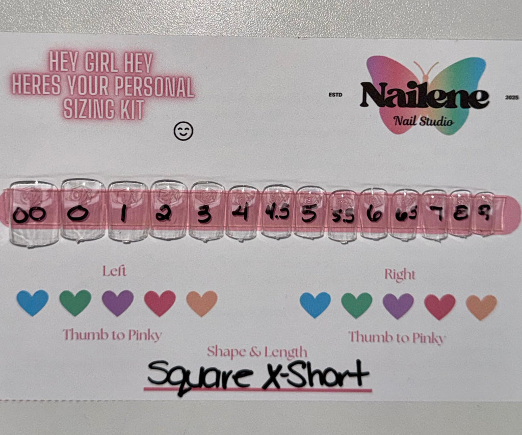 Nail size chart with measurements and color codes for nail shapes and lengths on a white background.