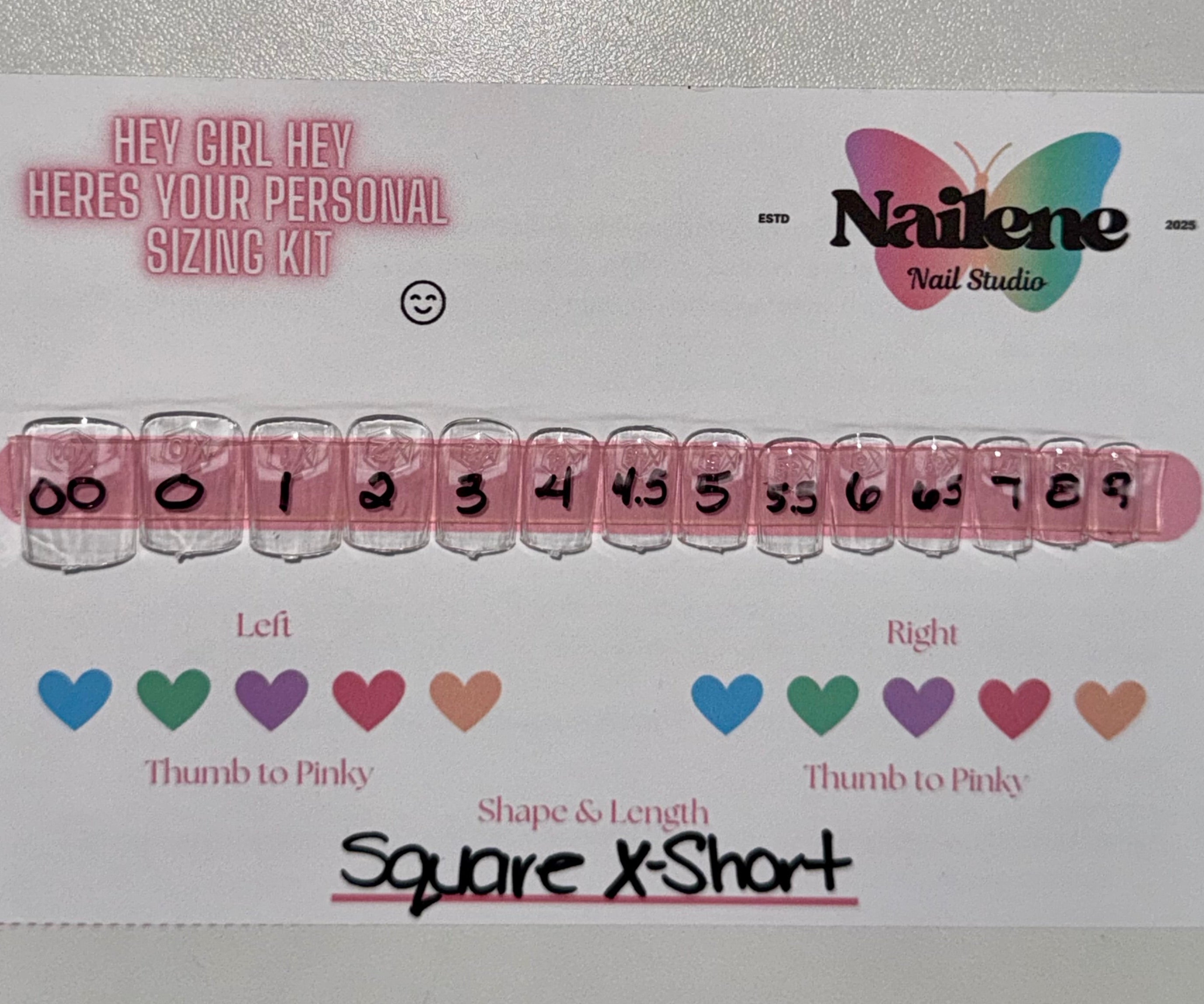 Nail size chart with measurements and color codes for nail shapes and lengths on a white background.