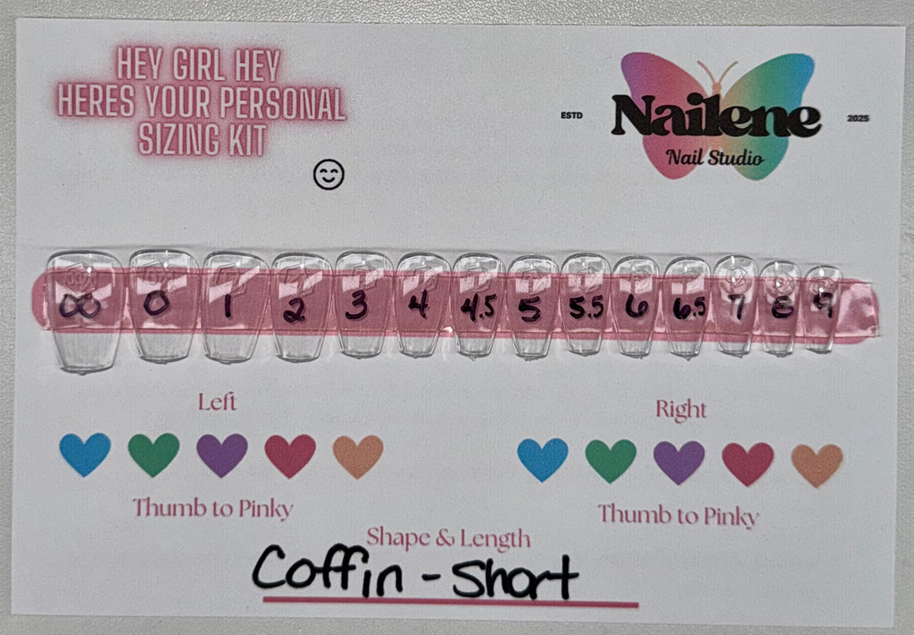 Nail size chart for 'Hey Girl Hey' with 'Nailene Nail Studio' branding