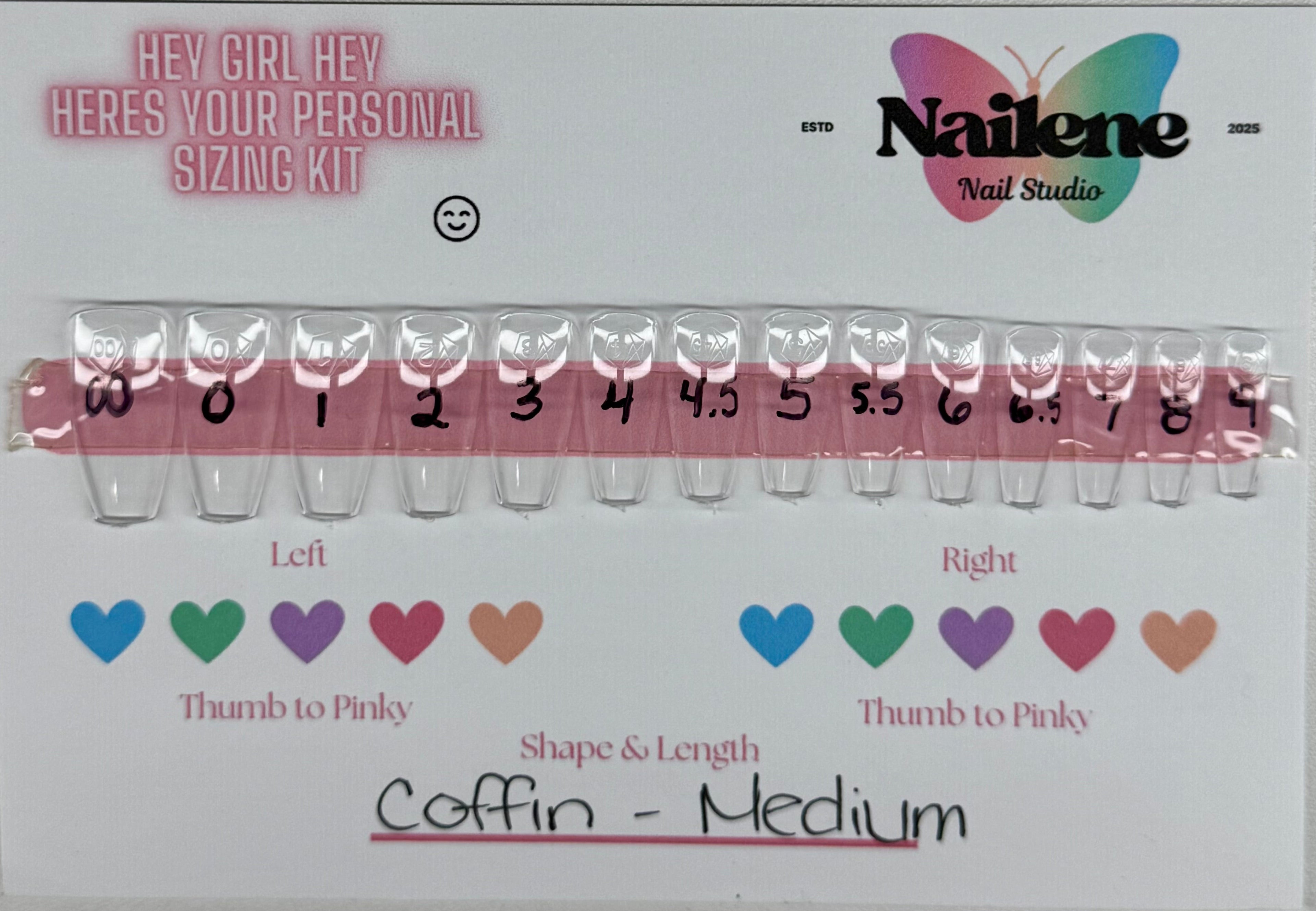 Nailene nail studio personal sizing kit for nails with measurements and color swatches.