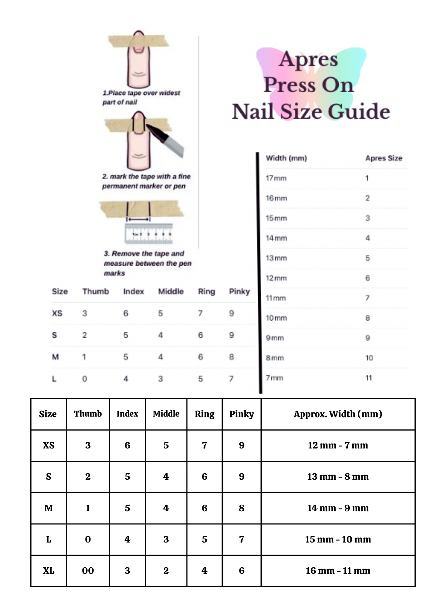 Apres Press On Nail Size Guide with measurements and sizes
