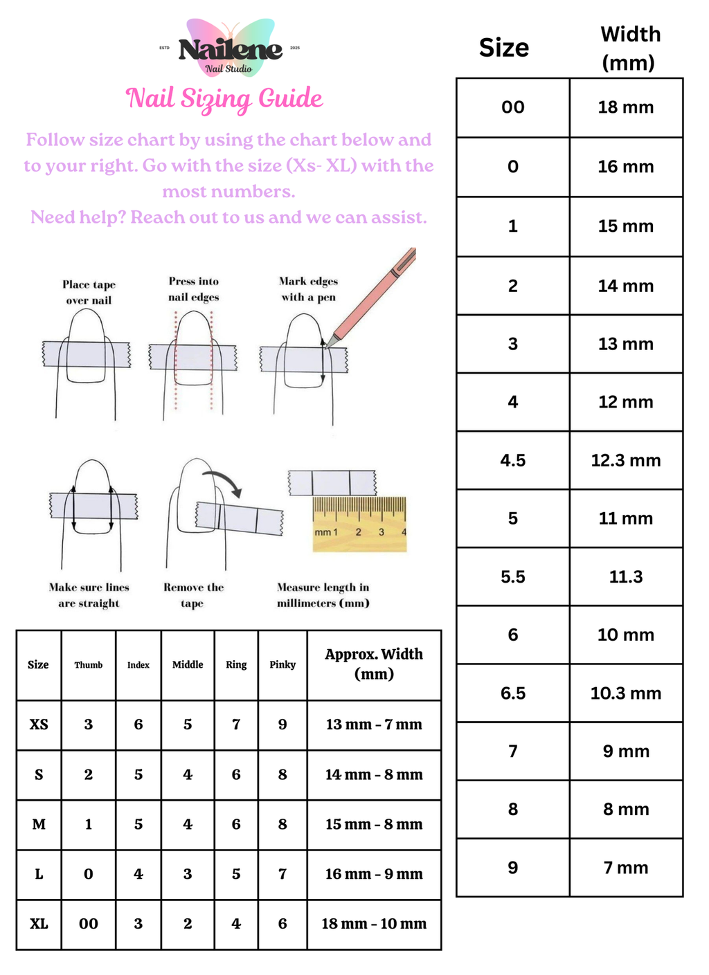 Nail size chart with measurements and illustrations for nail art design