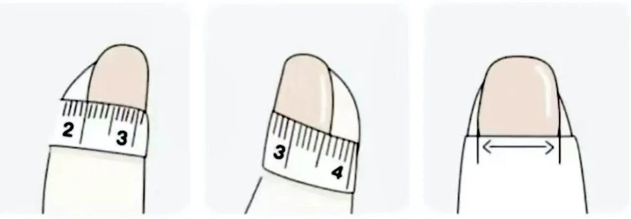 Size guide for nail shapes with measurements on a white background
