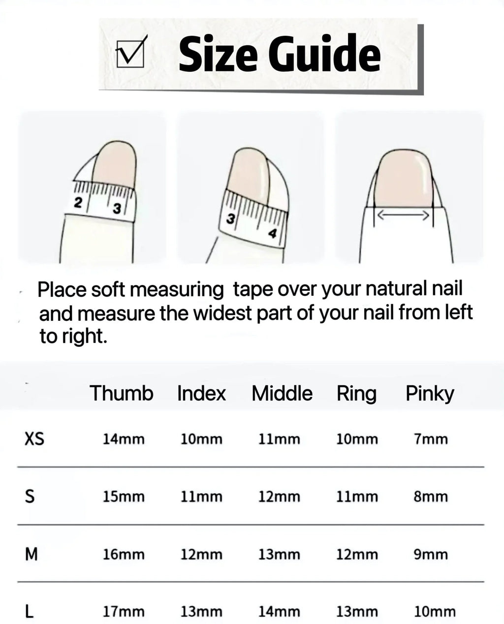Size guide for nail shapes with measurements on a white background