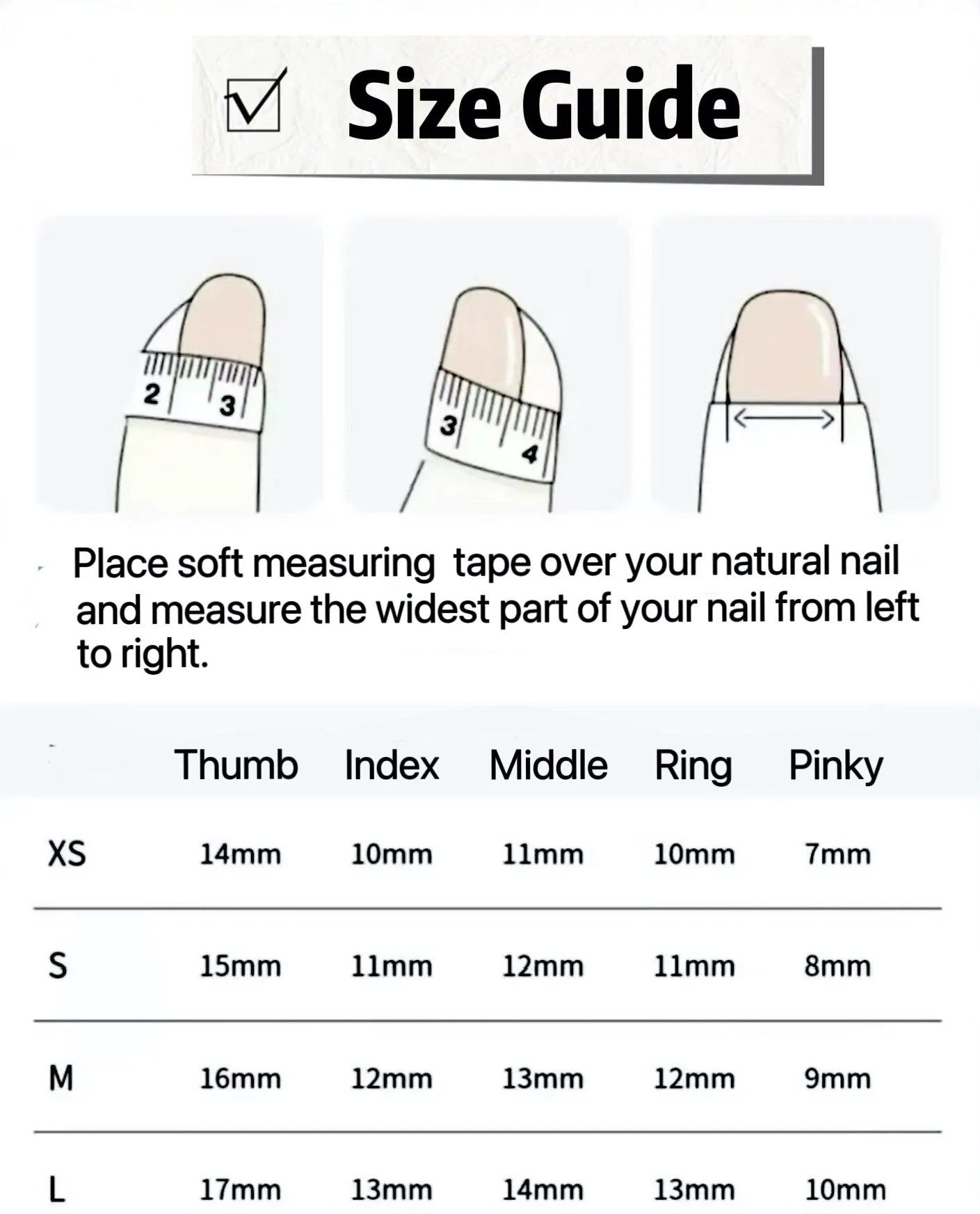 Size guide for nail shapes with measurements on a white background