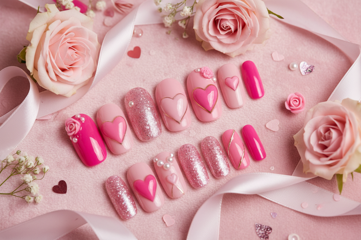 Valentine day nails pink